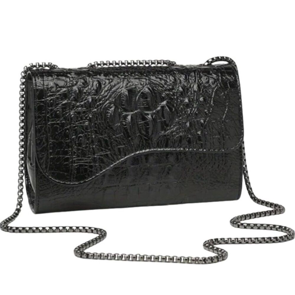 💥🚀💥Black Faux Crocodile Crossbody Bag Embossed Croc Texture Chain Strap Purse